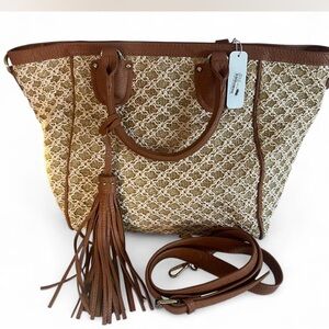 Charming Charlie Brown Cream & Gold Tote Bag with Tassel adjustable strap NWT